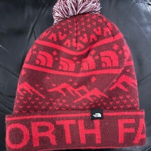 North Face red graphic print knit  toque unisex